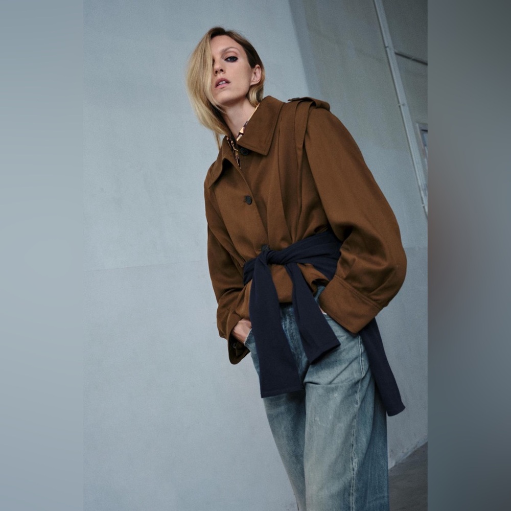NWT ZARA Pleated Jacket w/ Tabs Eco-Friendly Chocolate Brown Size M